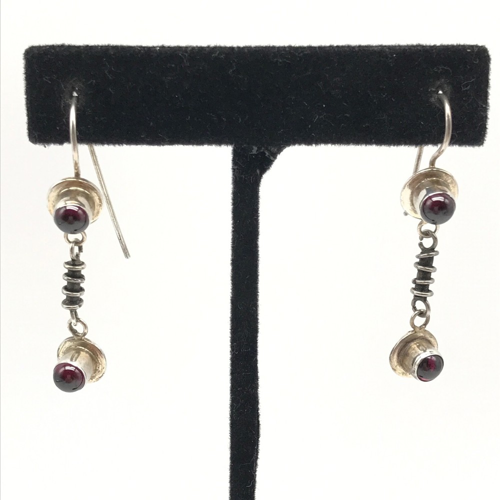 Vintage 925 Sterling Silver Genuine Cabochon Garnet Unique Dangle Drop Earrings