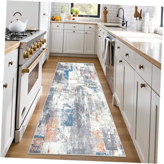 Abstract Kitchen Runner Rug 2x6 Washable Non-Slip Multi Gray  -image