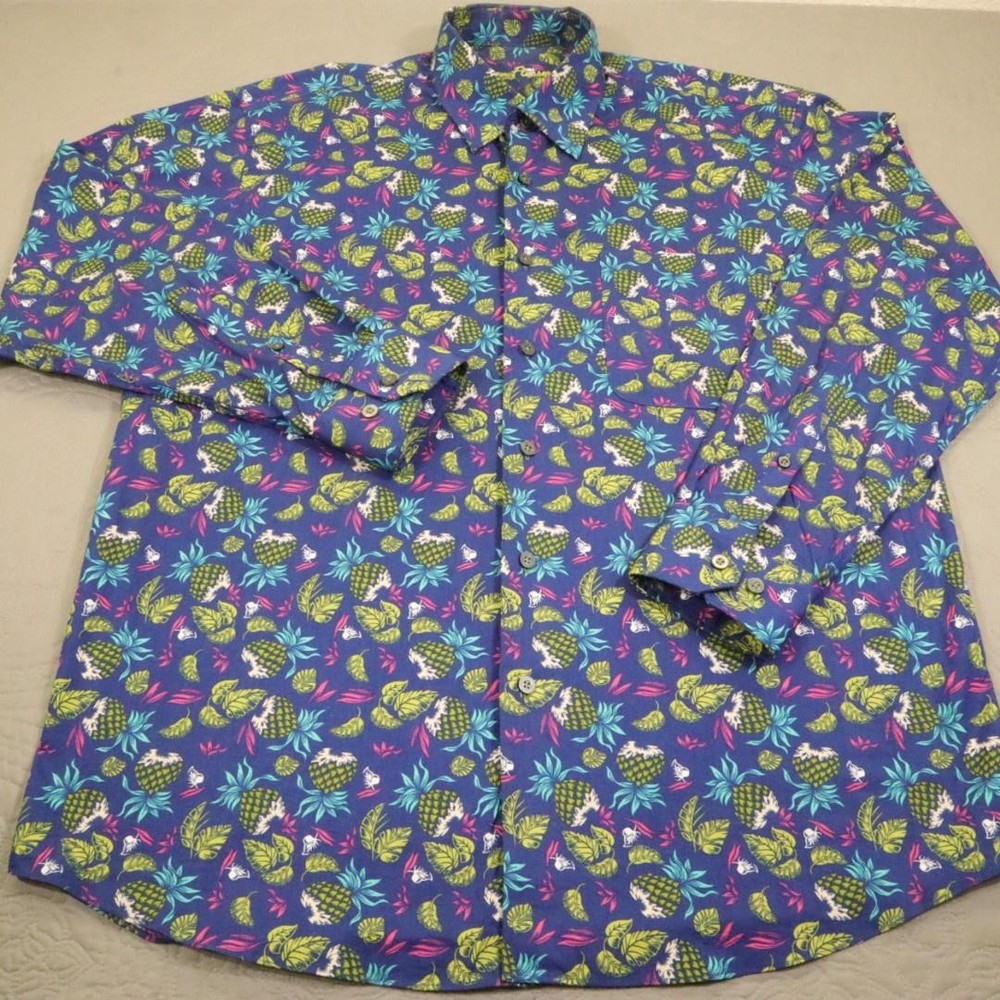 Alan Flusser Shirt Mens Large Blue Pineapple Hawaiian Tropical Geometric AOP