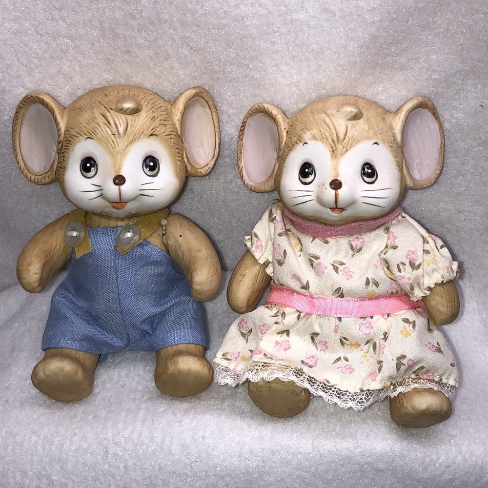 Boy and Girl Country Mice Set Porcelain Jointed Movable Arms Legs HOMCO Vintage