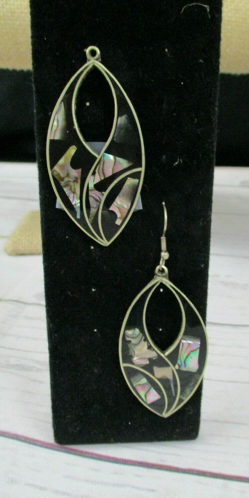 Vintage Earrings SIGNED ALPACA MEXICO Shell Inlay Dangle Pierced  Teardrop 2