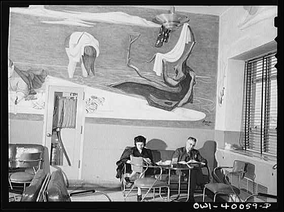 Photo:Mural Room Interior Man Woman at Table 1940s Black and White Photo