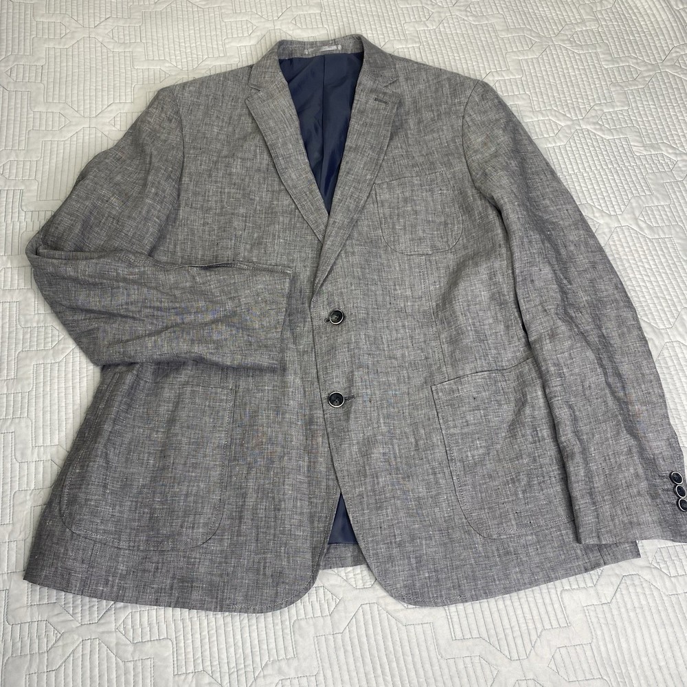 Frank & Oak Blazer Mens Sz 44R 100% Linen Patch Pocket Sport Coat Jacket Gray