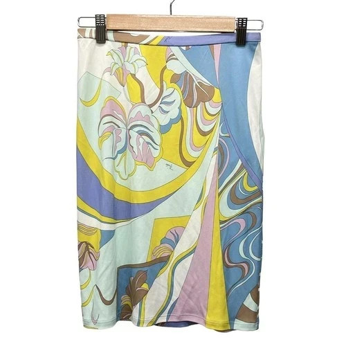 EMILIO PUCCI Silk Blend Skirt Blue Yellow Multi Womens IT38 20.1in Italy Made