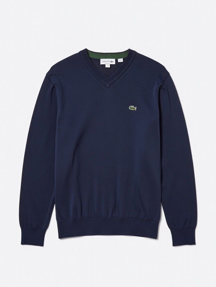 Lacoste Men's Navy Blue Tight-Knit V-Neck Pullover Sweater Long Sleeve Size L