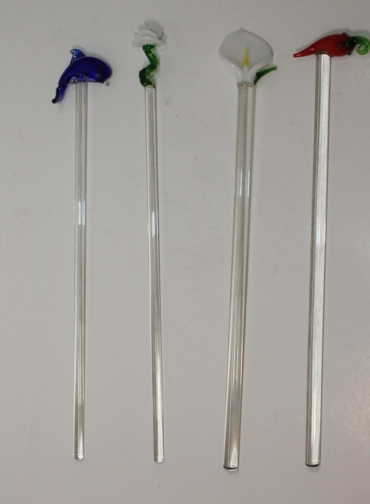 Vtg Barware Blown Art Glass Jalapeno Dolphin Flowers 4 Cocktail Swizzle Stirrer