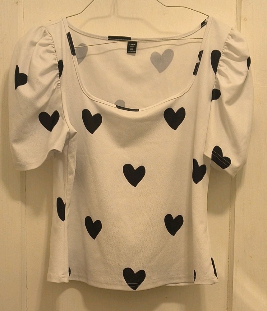 SheIn Heart Print Puff Sleeve Blouse White Black Square Neck Plus Size 2XL