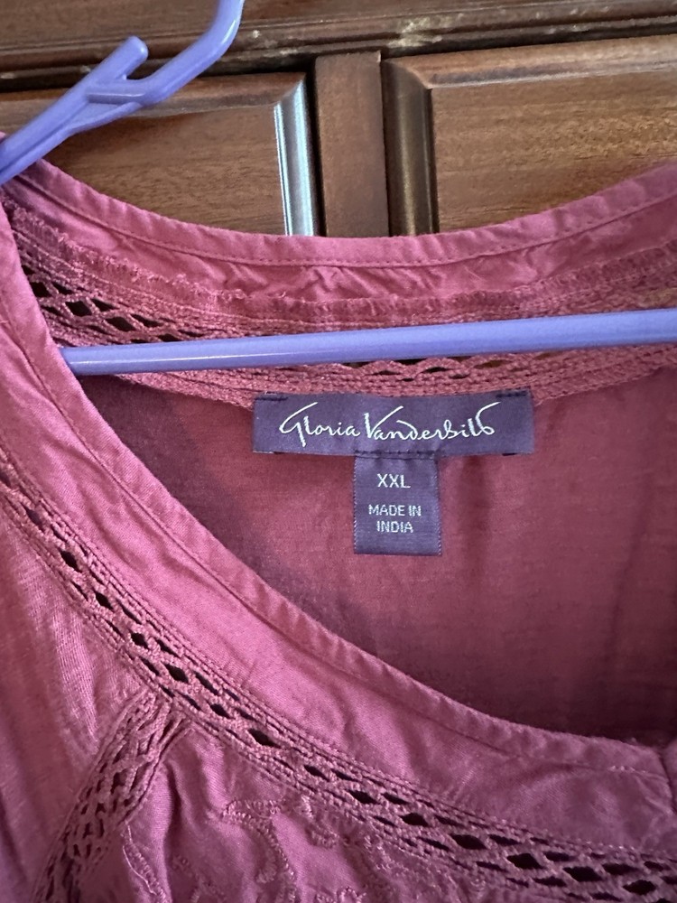 Gloria Vanderbilt Mauve Embroidered Lace V-Neck Tunic Blouse XXL Short Sleeve