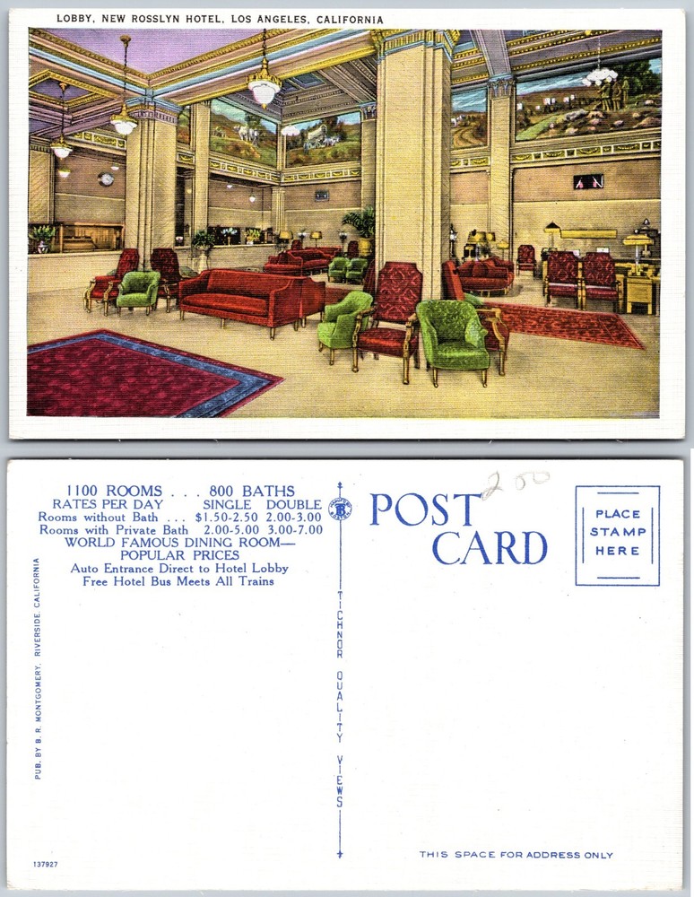 New Rosslyn Hotel Lobby Los Angeles CA Postcard