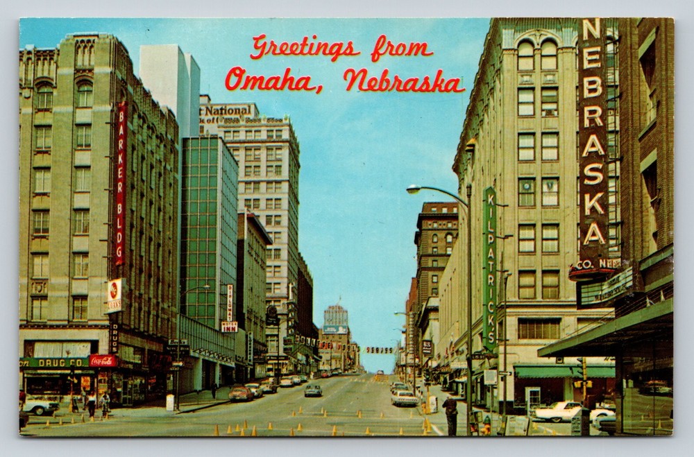 Greetings from OMAHA NEBRASKA Farnam Street View Old Cars VINTAGE Postcard