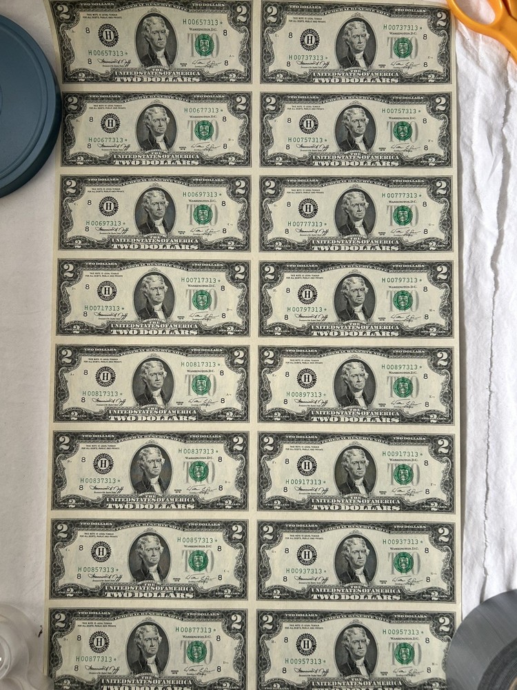 1976 Uncut Uncirculated Sheet  16 Star $2 Two Dollar Bills Notes