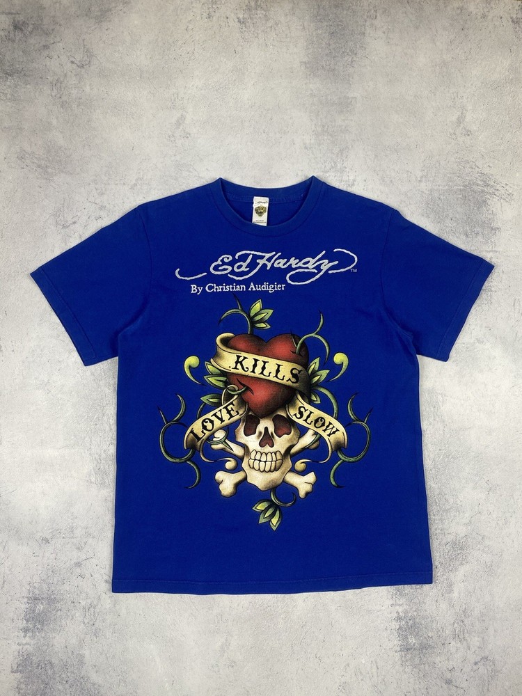 Vintage Ed Hardy Christian Audigier Love Kills Slow Mens Blue T-Shirt Size L