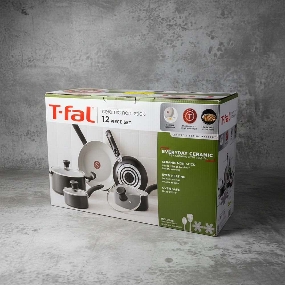 T-fal 12 Piece Ceramic Non-Stick Cookware Set, Oven Safe Pots and Pans, Gray