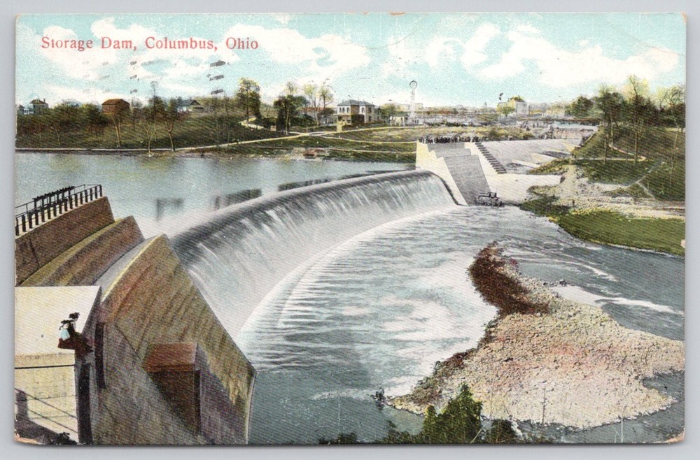 1909 Storage Dam Columbus Ohio Scioto River Postcard S.F. Harriman German Print