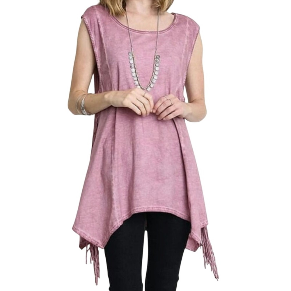 Umgee Sz S Mauve Pink Mineral Wash Asymmetrical Hem Fringe Side Tunic Tank Top