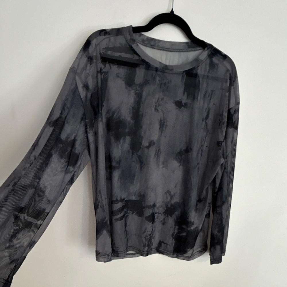 Dazy Mesh Tie Dye Sheer Long Sleeve Top Gray Black Women's L