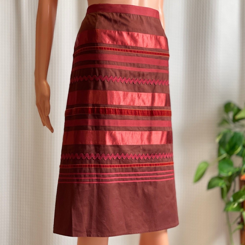Vintage 80s Victor Costa Occasion Red Burgundy Cotton Ribbon Skirt Midi 14