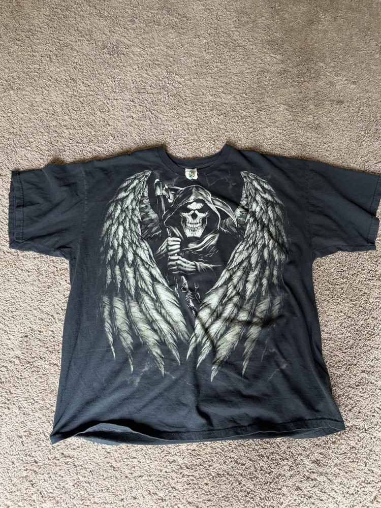 VTG Y2K Grim Reaper Skull Wings T-Shirt Men's Size XXL Black Mall Goth Biker