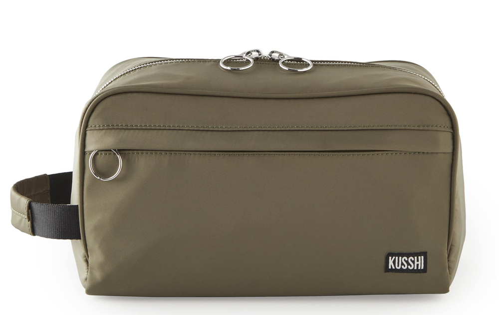 Kusshi Dopp Travel Kit Toiletry Bag - Olive Green with Light Grey Interior $99