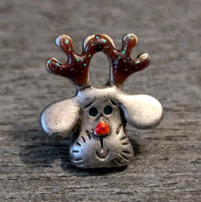 Santa's Reindeer Brown Glitter Antlers & Red Nose Accent Christmas Lapel Pin-image
