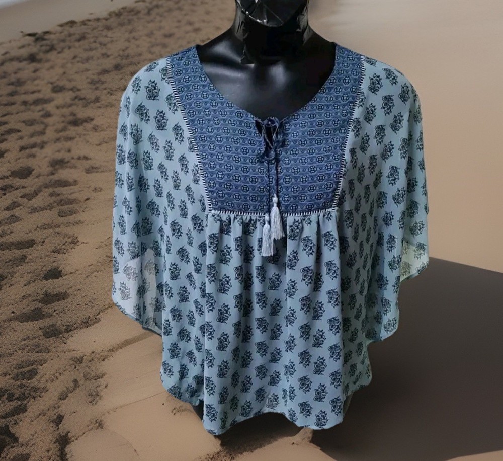 Style & Co Blue Peasant Blouse Chiffon Dolman Slv Tassel Tie Whimsical  Sz L