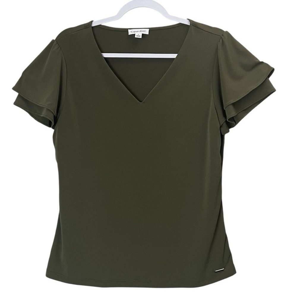 Calvin Klein Womens Olive Green Double Tier Short Sleeve Blouse Size Large