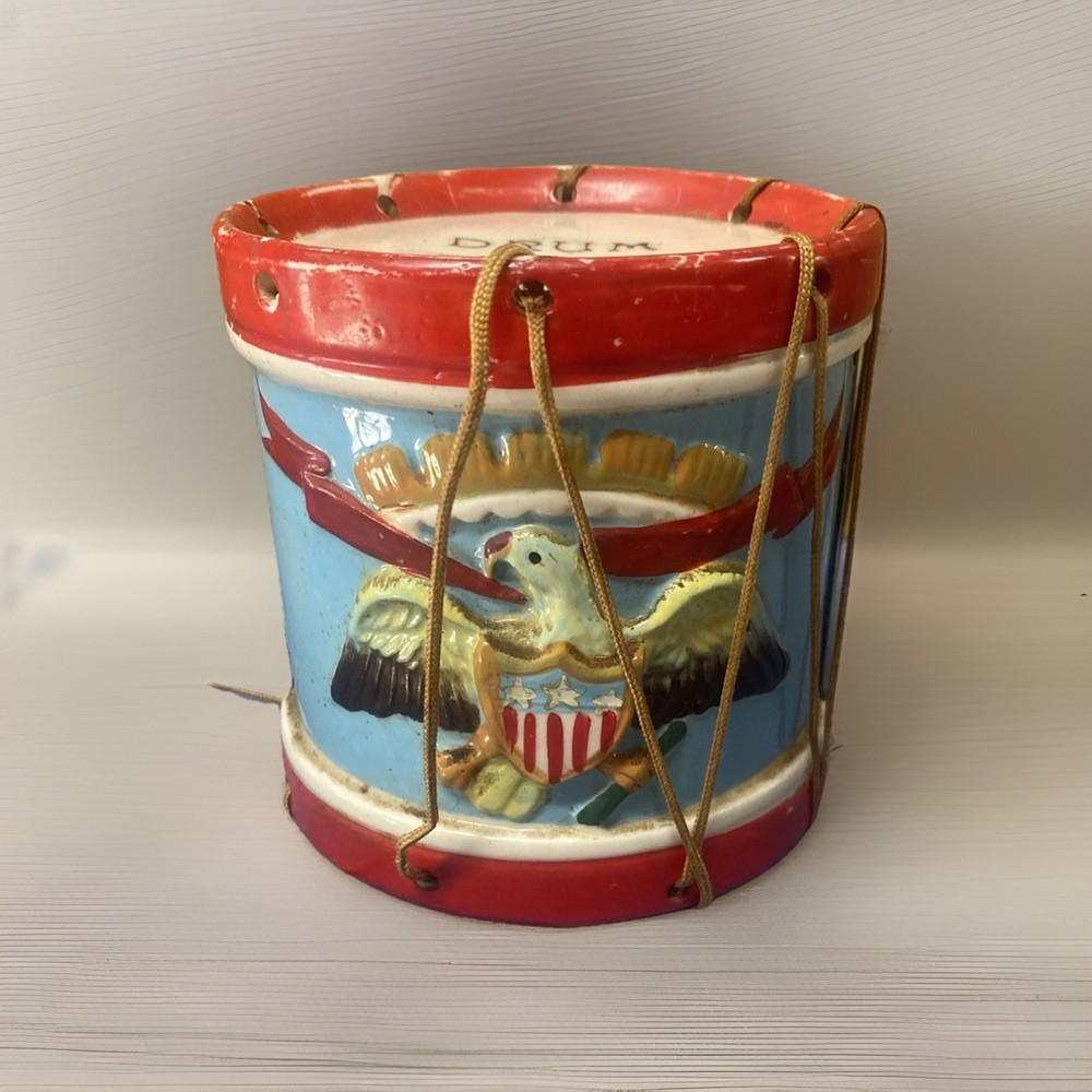 Vintage Ceramic Drum Coin Bank Eagle Wings Red Blue Made in Taiwan Patriotic