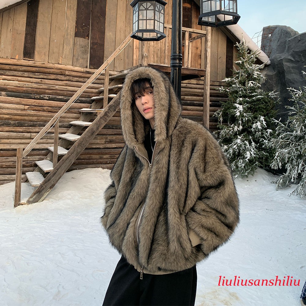 Winter Mens Hooded Short Coat Faux Fox Fur Coat Zip Loose Fit Outwears Overcoats