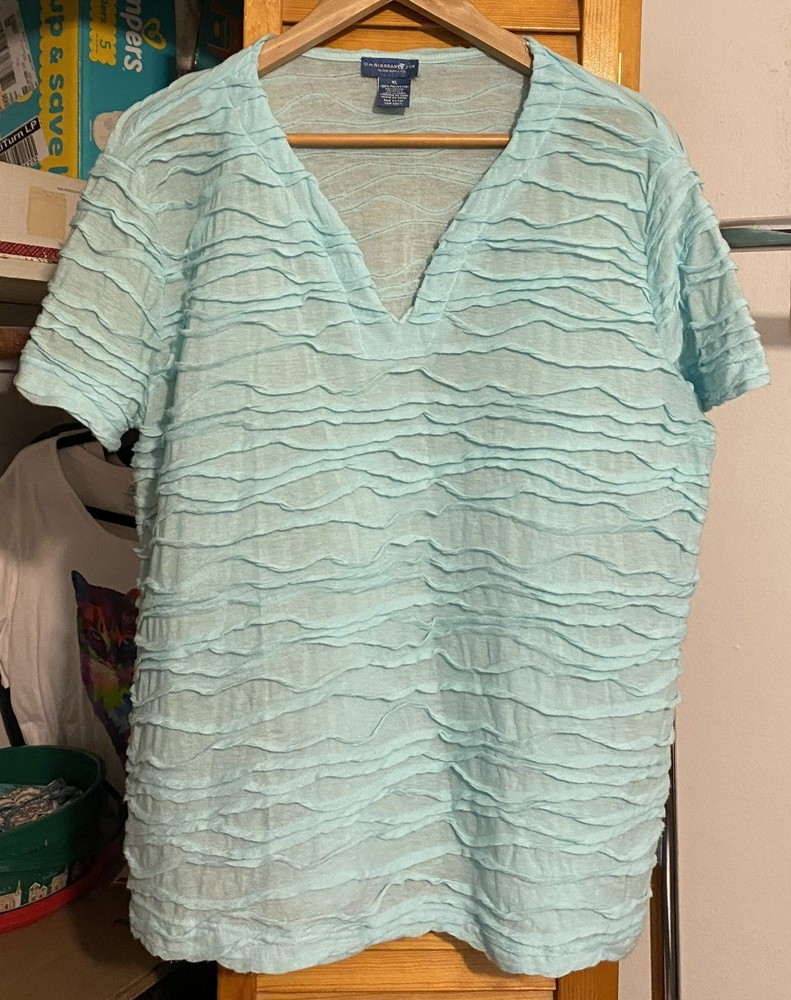 CARIBBEAN JOE Turquoise V-neck Textured Tee XL