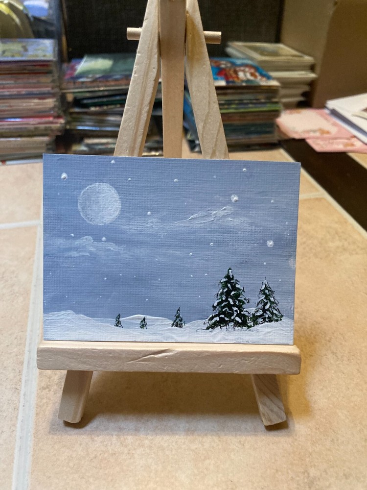 ACEO Original Acrylic Painting Snow Forest abstract urban fine art #36-image