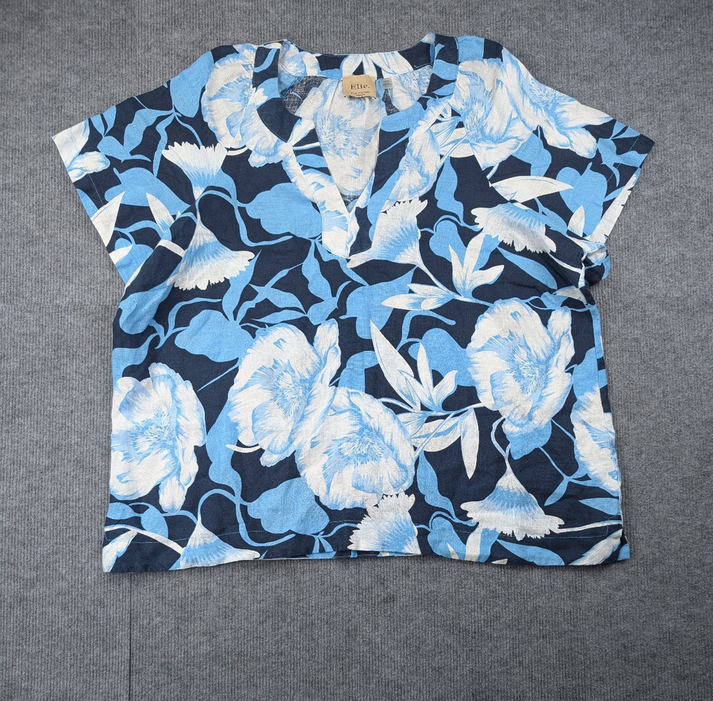 Elie Tahari Linen Top Womens 1X Coastal Floral Blue Resort Blouse Beach Natural