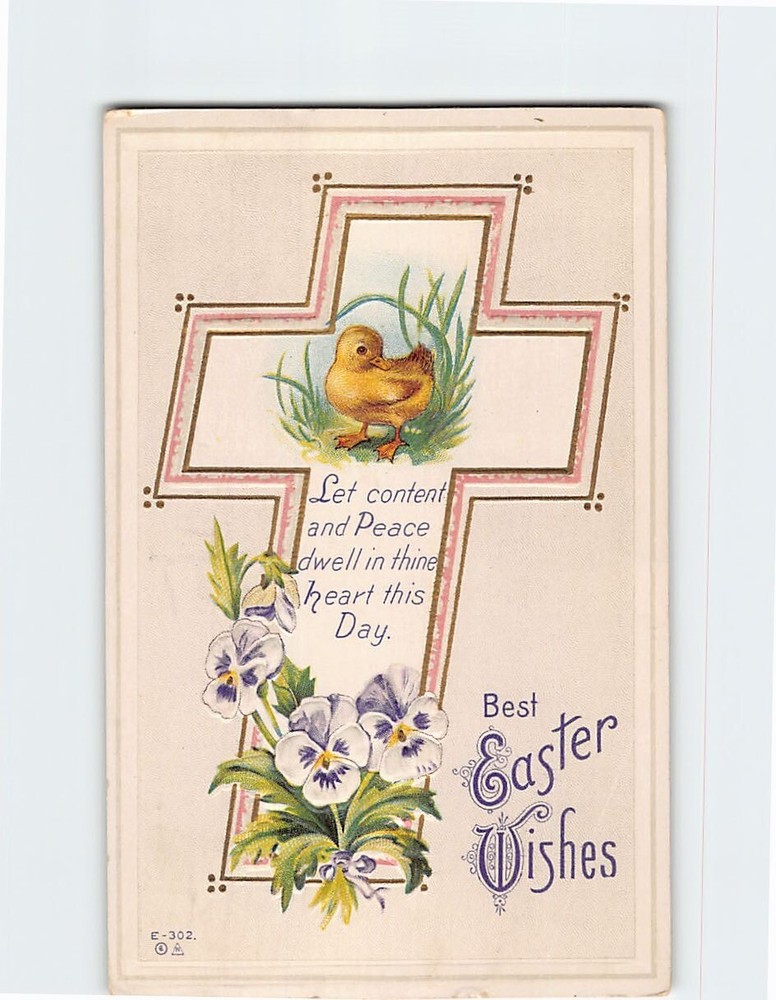 Postcard Best Easter Wishes Cross, Chick & Flower Art Print Embossed Card