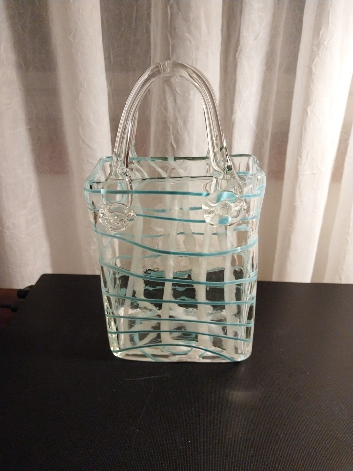 Vintage Murano Style Art Glass Purse Vase Blue & White