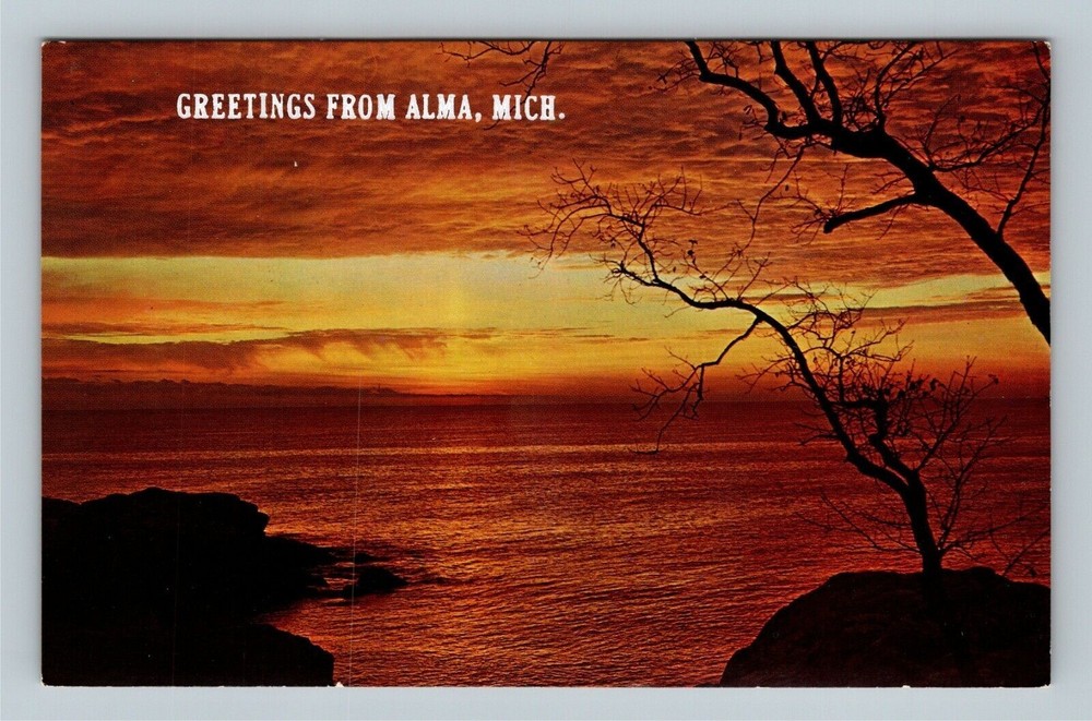 Alma MI, Greetings, Scenic Sunrise View, Lake, Cliffs, Michigan Vintage Postcard