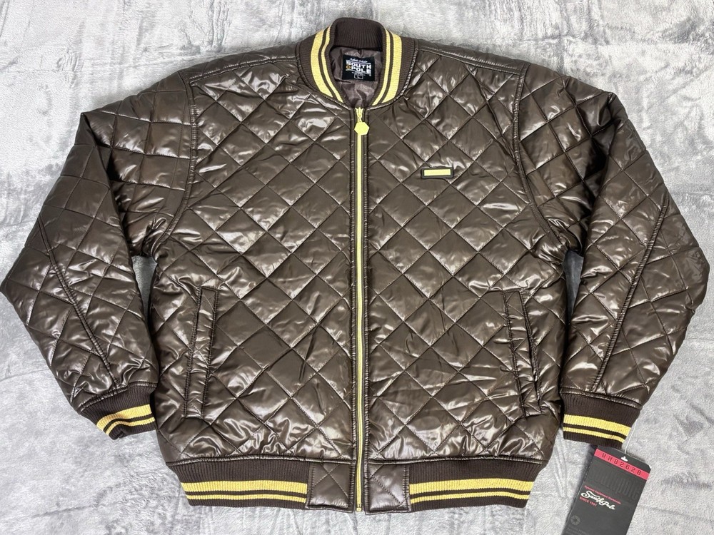 South Pole Mens Large Brown Quilted Puffer Jacket Gold Trim New With Tags Y2K