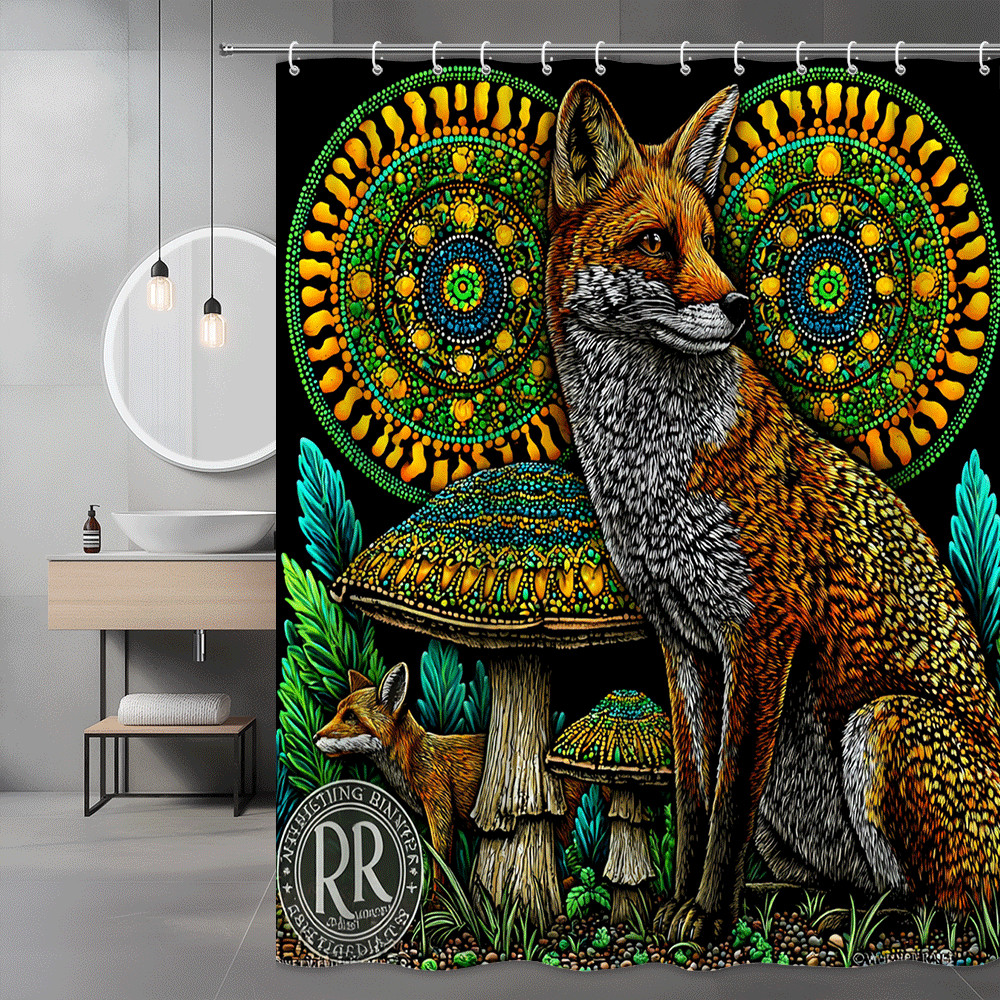 Fox and Mushroom Graphic Shower Curtain, Colorful Forest Art