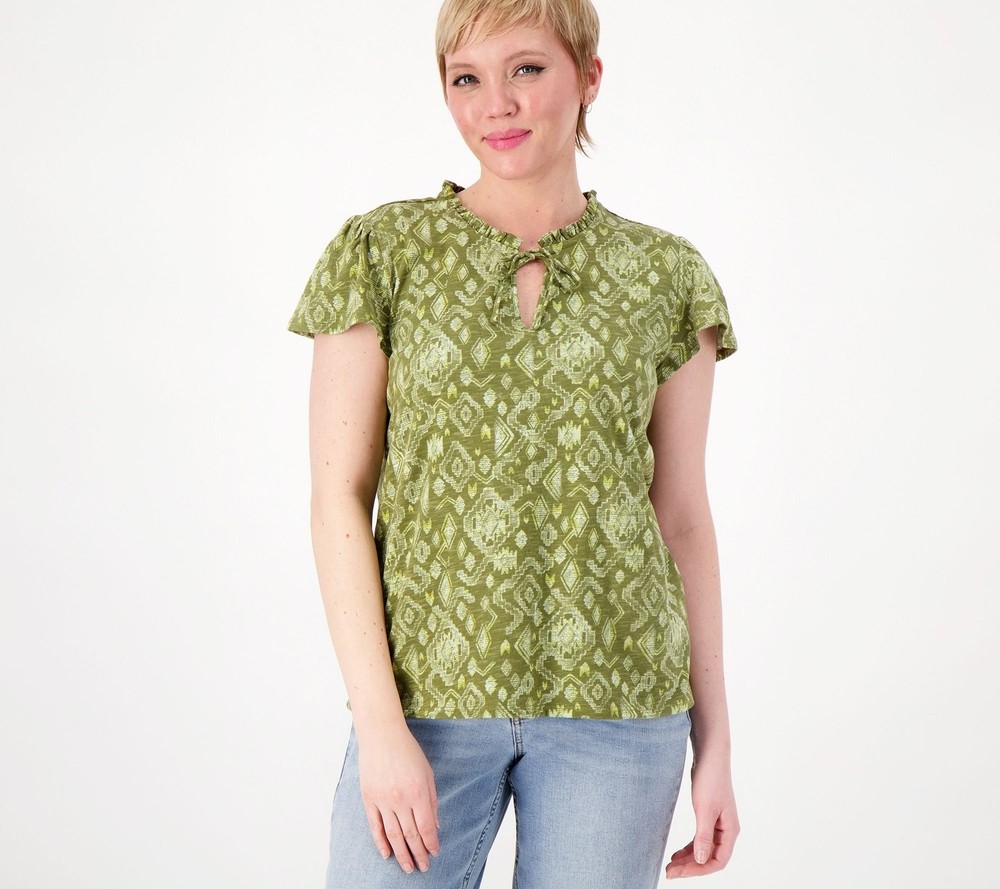 Denim & Co. Women's Top Sz 2XS (XXS) Canyon Retreat Printed Jersey Green A590768