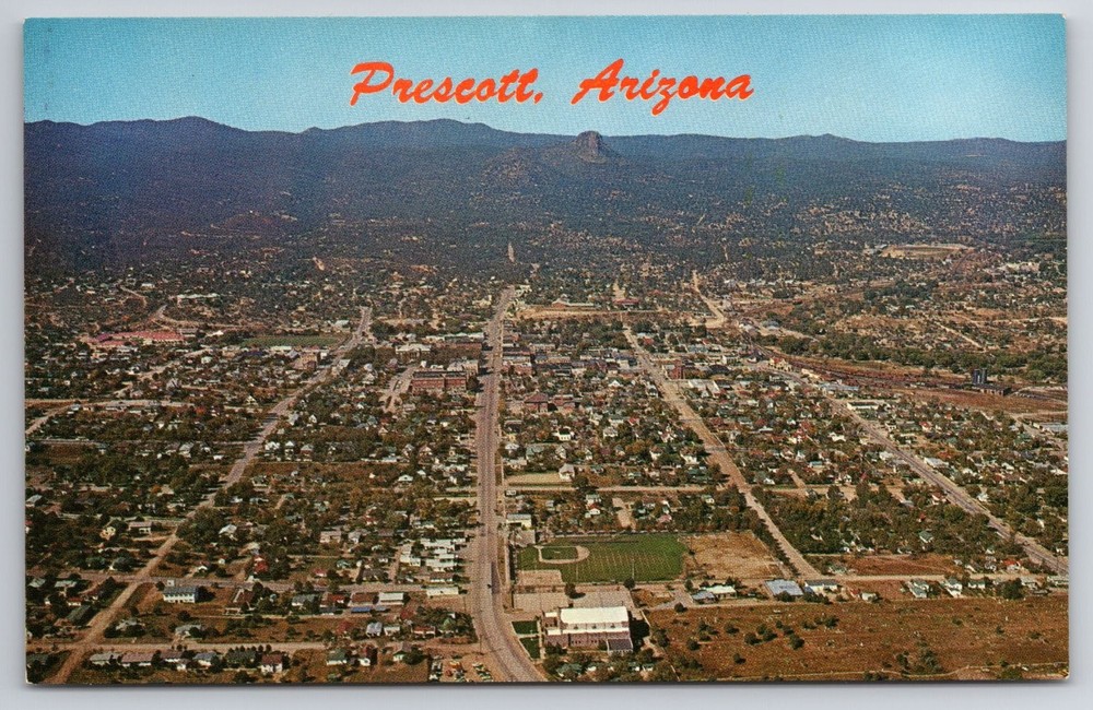 Vintage Prescott Arizona Aerial View Postcard Gurley Street Thumb Butte Pitley
