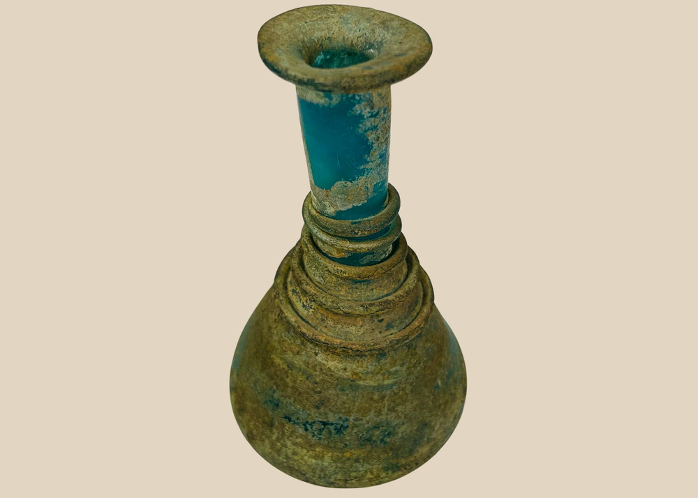 Roman Imperial | Turquoise Glass Perfume Bottle with Spiral Rings | Circa 1st–3r
