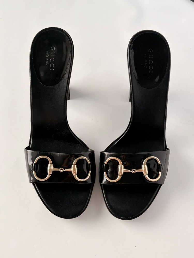 GUCCI Vintage Black Patent Leather Horsebit Heel Sandals Size 38.5 US 7.5