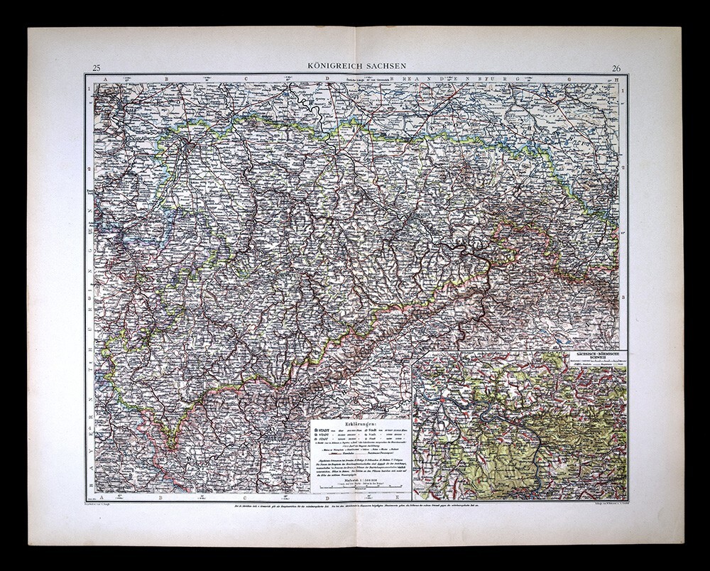 1901 Andrees Map Saxony Germany Leipzig Dresden Chemnitz Pirna Bautzen Zwickau