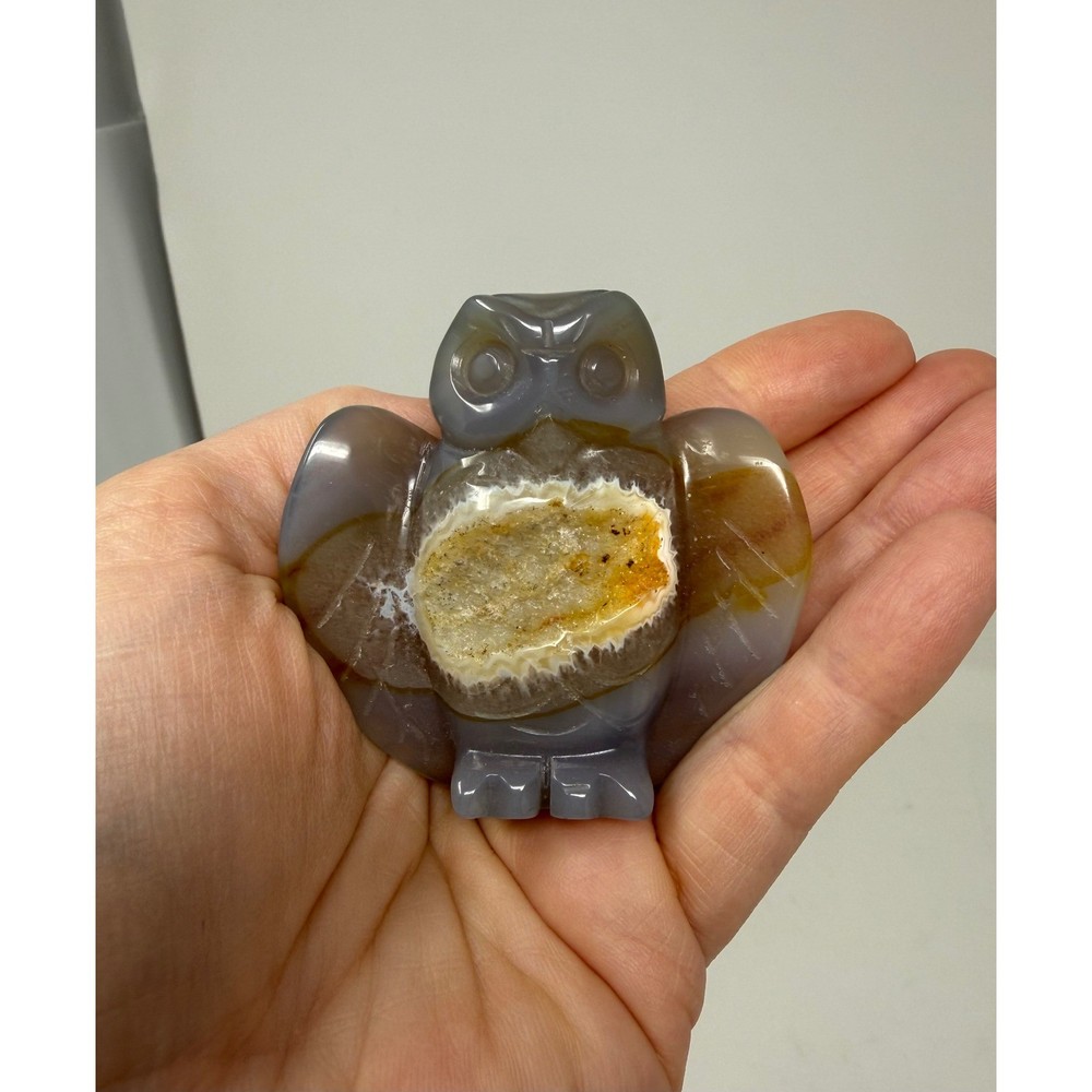 Hand Carved Agate Owl Figurine Druzy Geode Center Grey Stone Sculpture 2.3