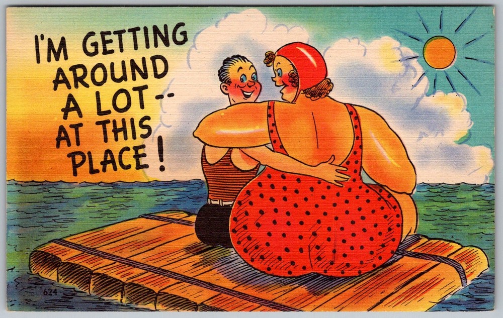 Vtg Linen Postcard Gag Cartoon Couple Raft 1940s