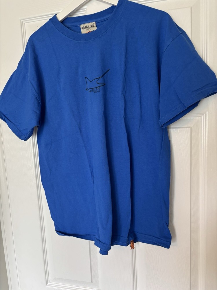 Pirana Joe Men's L Blue Fish Beach Logo Graphic Print Crew Neck Short Sleeve Tee