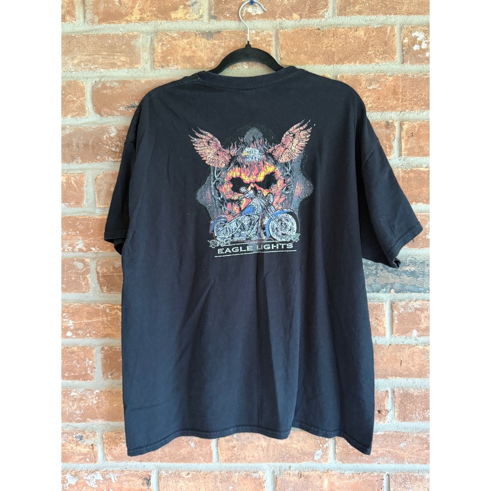 Vintage Eagle Lights Skull Biker T Shirt Black Graphic Motorcycle Size XL