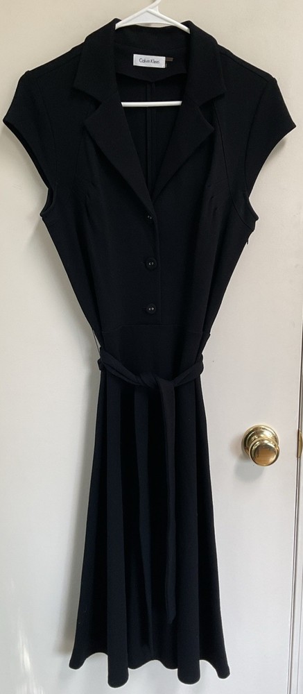 Calvin Klein Womens Sz 6 8? Black Cap Slv Button Front V-Neck Belt Stretch Dress