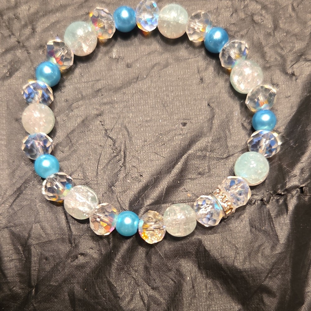 Blue & Clear Crystal Round Beaded Stretch Bracelet, Unisex Adults