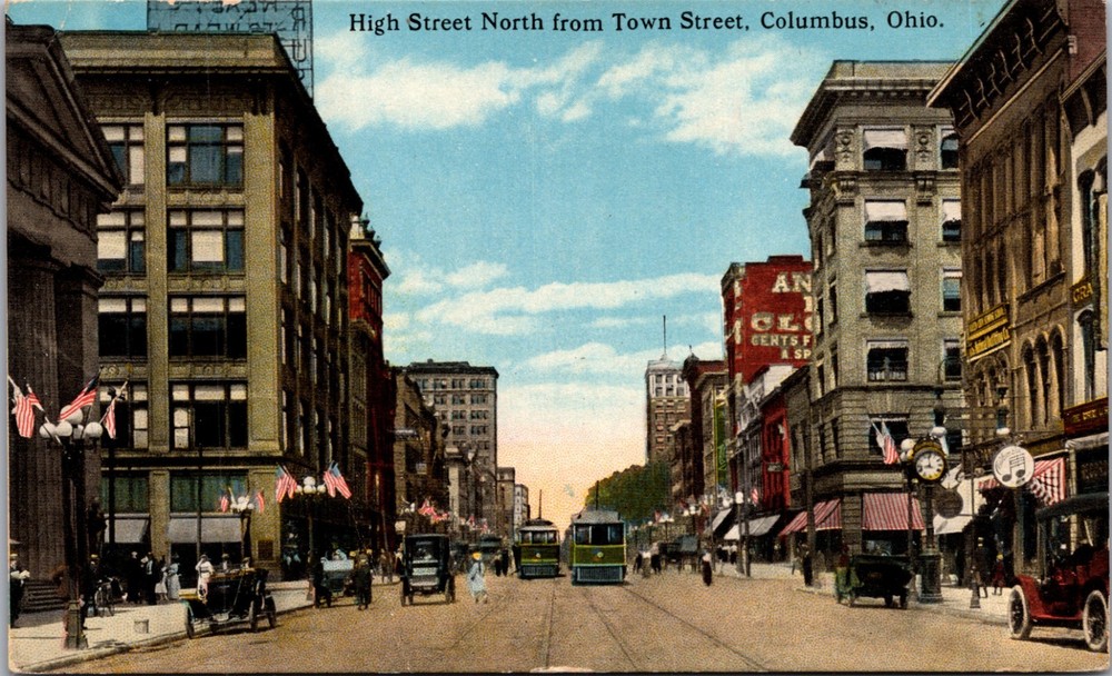 High Street Columbus Ohio Postcard Vintage 1921 Streetcars Downtown Scene