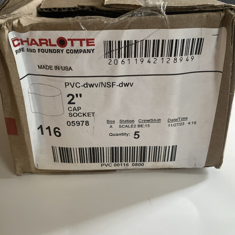 Charlotte Pipe - 2” Cap Socket - PVC 116 - Qty 5 - White