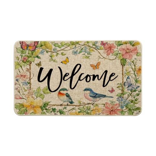 Bird Flowers Welcome Spring Doormat, Home Summer Decor Low-Profile Switch Rug